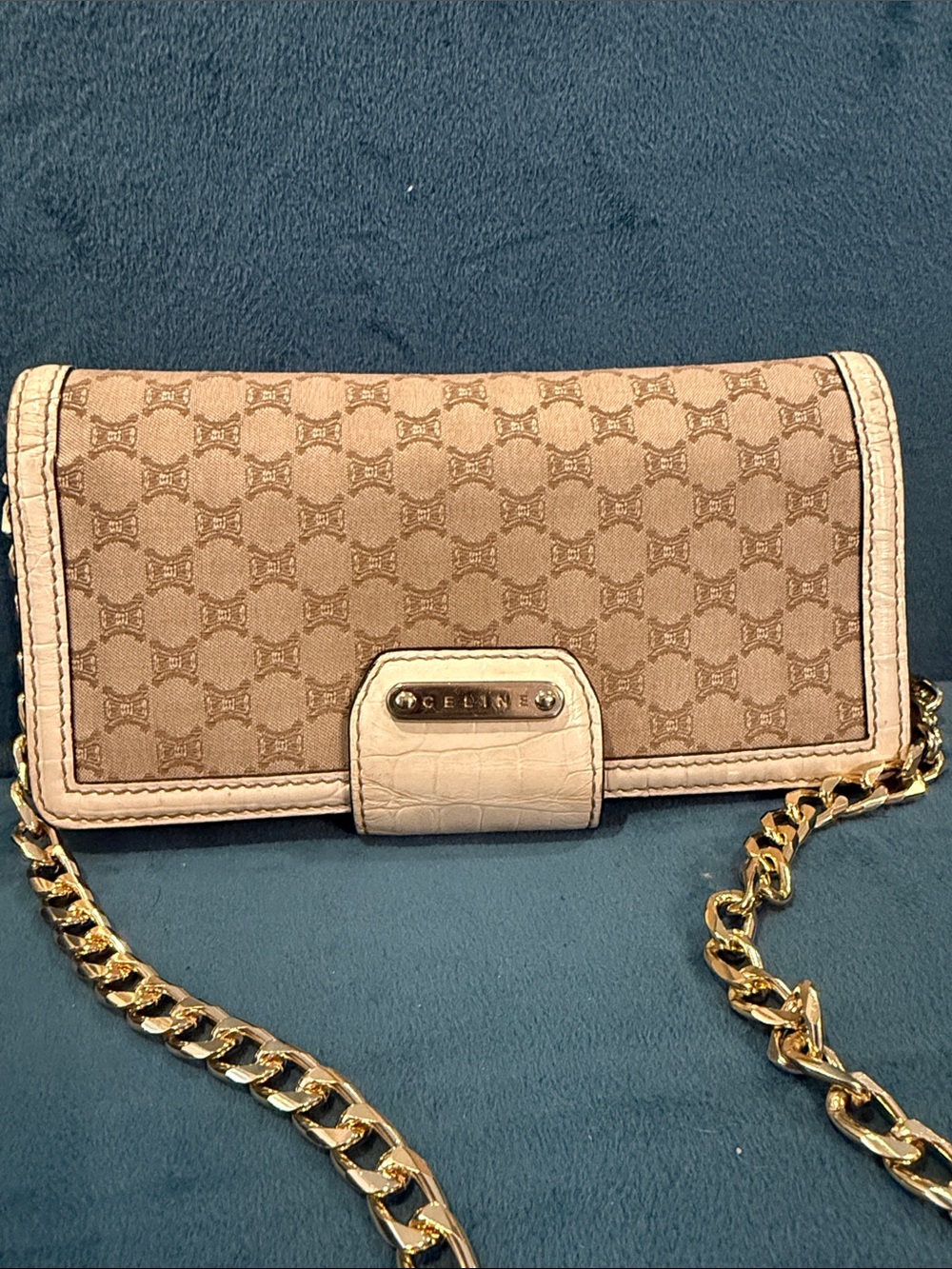 Celine Beige Monogram Crossbody with Gold Chain